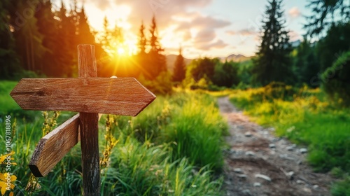 Wooden Signpost on a Trail in a Forest at Sunset photo