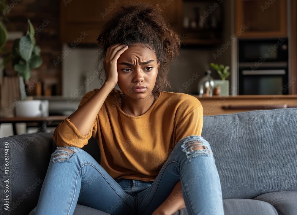Obraz premium A young woman sits on her sofa with a distressed expression in a cozy living room setting wearing casual clothing Her hand rests on her head as she contemplates with worry and tension