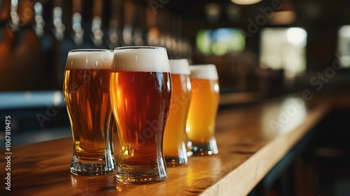 Four Glasses of Beer on a Bar Counter