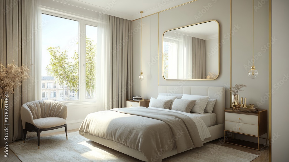 Obraz premium Modern Bedroom with Beige Decor, Golden Accents, and Window Views