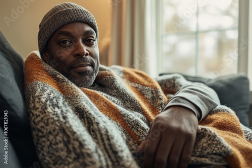 A content man with a hat rests on a sofa, wrapped in a warm blanket, capturing the essence of relaxation and comfort within a cozy home environment. photo