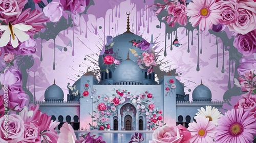 Mosque illustration for Ramadhan kareem greeting, Ramadan Islamic holy month design, Mosque acrylic painting water color photo