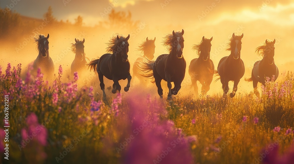 Fototapeta premium Vibrant shot of seven horses running through a meadow, with flowers and sunlight enhancing their powerful movement