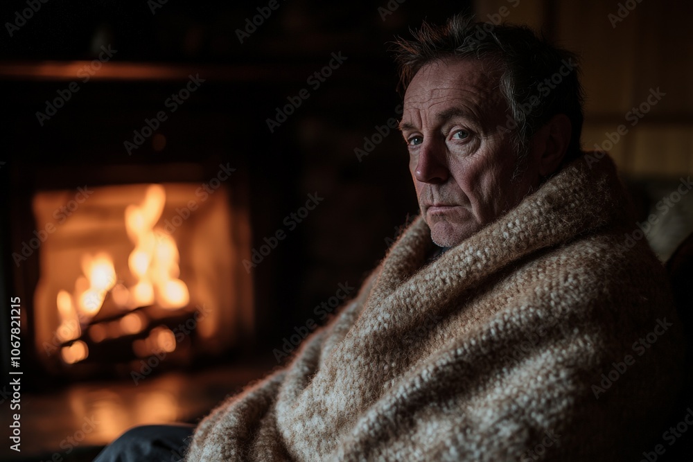 A pensive man bundled in a warm blanket sits beside the glowing light of a fireplace, projecting a feeling of contemplative solitude and warmth on a winter evening. A pensive man bundled in a warm blanket sits beside the glowing light of a fireplace, projecting a feeling of contemplative solitude and warmth on a winter evening.