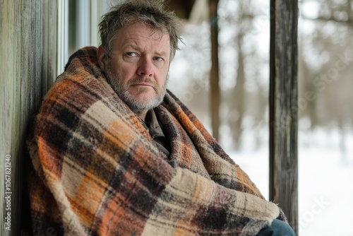 A man with unkempt hair sits on a wooden porch wrapped in a brown plaid blanket, staring intently into the snowy distance, capturing rugged endurance and solitude.