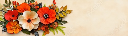 Orange and Red Flowers with Green Leaves on Beige Background