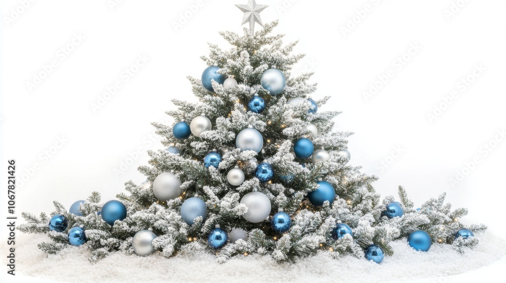 A Snow-Covered Christmas Tree Decorated with Blue and Silver Ornaments A Snow-Covered Christmas Tree Decorated with Blue and Silver Ornaments