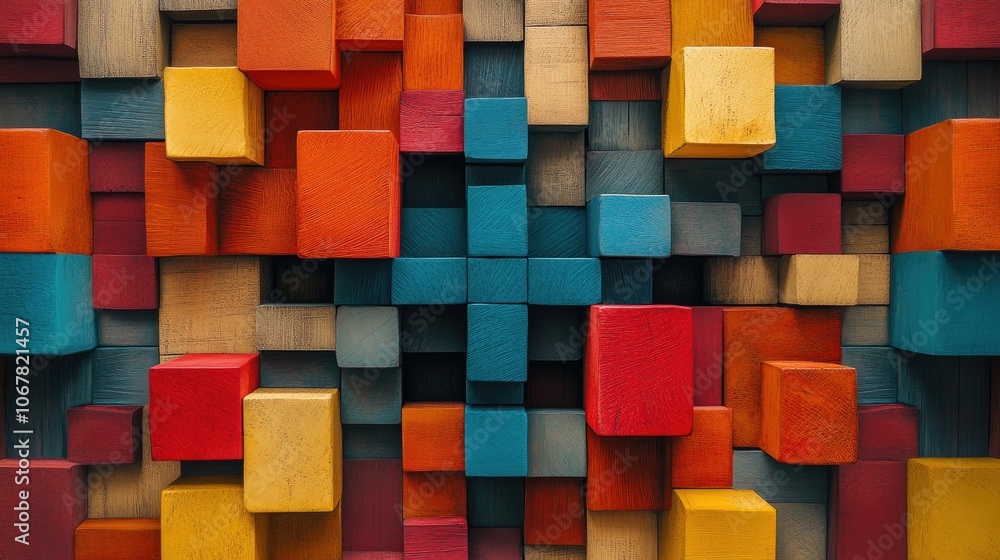 Wooden blocks of various colors stacked in a symmetrical design, creating a balanced yet vibrant background Wooden blocks of various colors stacked in a symmetrical design, creating a balanced yet vibrant background