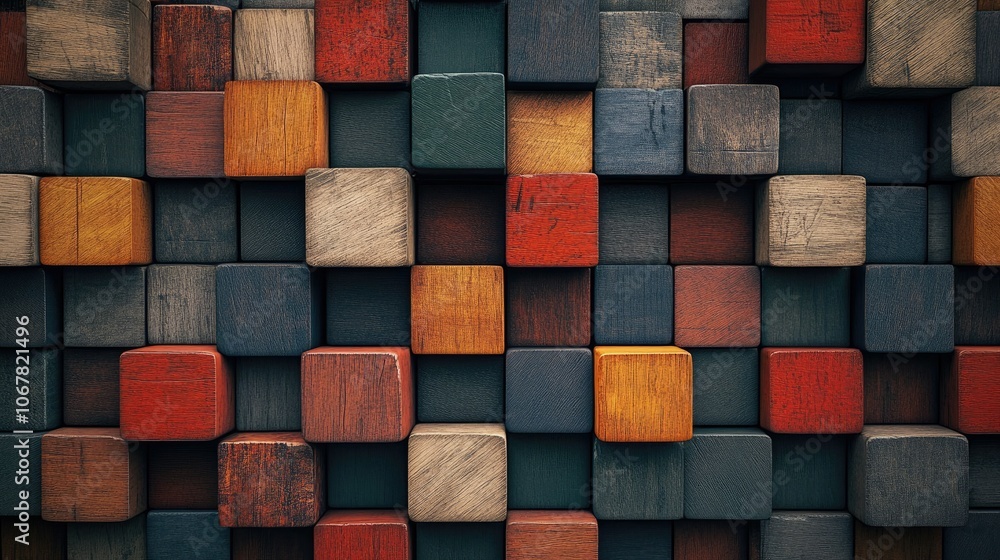 Wooden blocks of various colors stacked in a symmetrical design, creating a balanced yet vibrant background