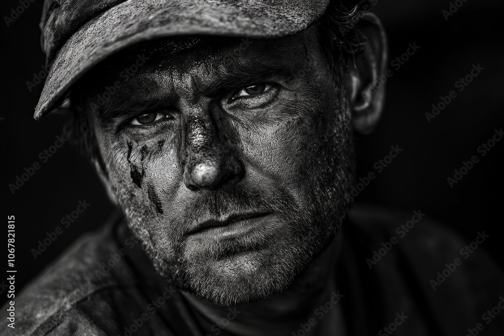 A compelling monochrome portrait of a man wearing a cap, with his face covered in dirt, exuding ruggedness, strength, and resilience. A compelling monochrome portrait of a man wearing a cap, with his face covered in dirt, exuding ruggedness, strength, and resilience.