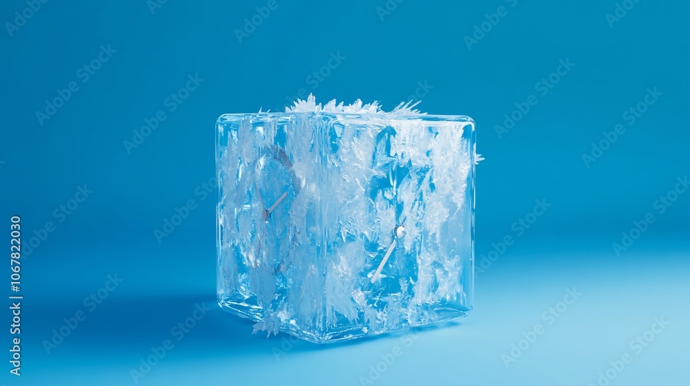 A single, clear ice cube with intricate, delicate, frosty crystals frozen inside sits on a solid blue background. A single, clear ice cube with intricate, delicate, frosty crystals frozen inside sits on a solid blue background.