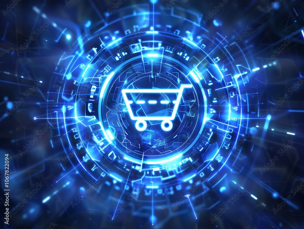 .Abstract blue digital background with shopping cart icon on circular glowing line in the center - ai .Abstract blue digital background with shopping cart icon on circular glowing line in the center - ai