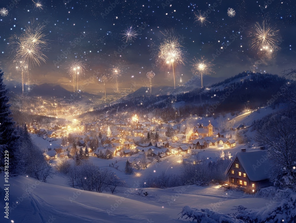 Experience the enchantment of a winter night sky illuminated by sparkling fireworks over a snowy landscape Experience the enchantment of a winter night sky illuminated by sparkling fireworks over a snowy landscape