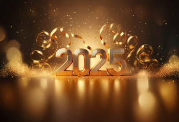 Golden 3D numerals "2025" stand out against a dark, sparkling background with shimmering golden confetti.
