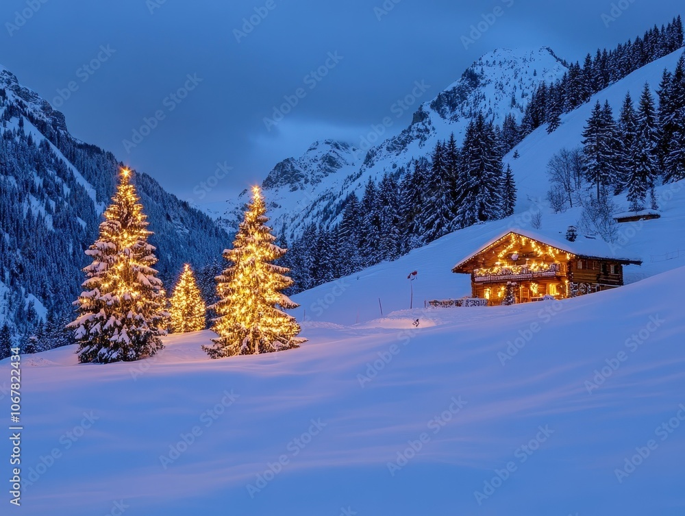 Experience the magic of a scenic snowy landscape adorned with lit christmas trees Experience the magic of a scenic snowy landscape adorned with lit christmas trees