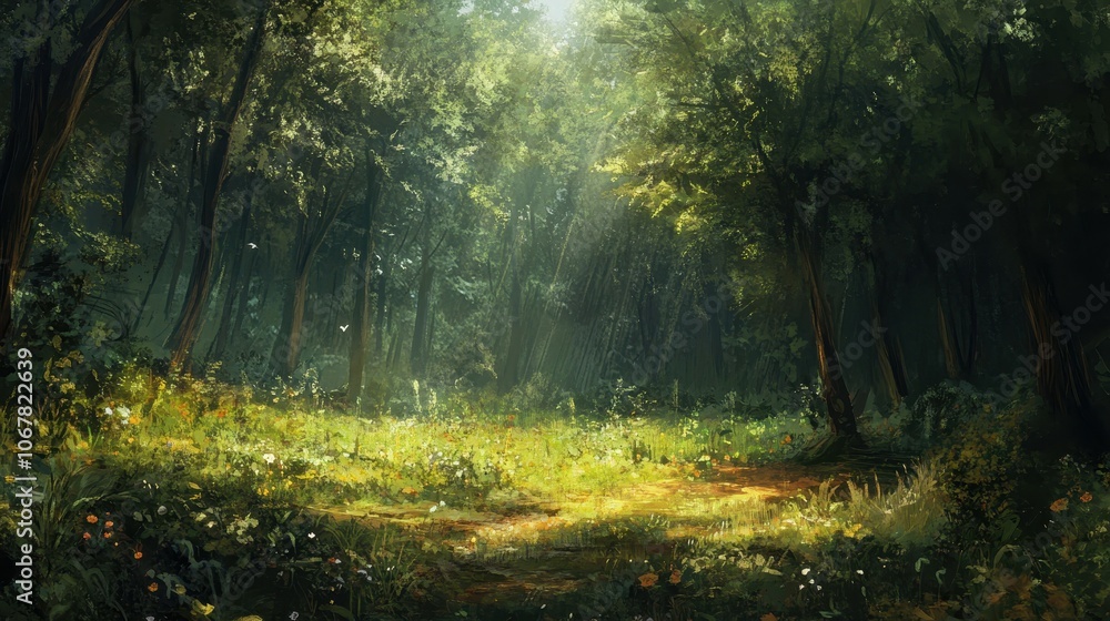 Obraz premium Explore the tranquil beauty of a sundappled forest clearing in winter with free space for text