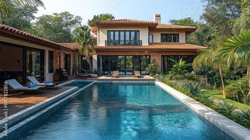 Wallpaper Mural Modern tropical villa with a swimming pool and lush landscaping. Torontodigital.ca