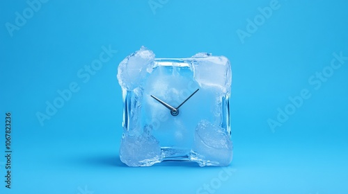 A clock encased in ice, frozen in time, against a bright blue background.