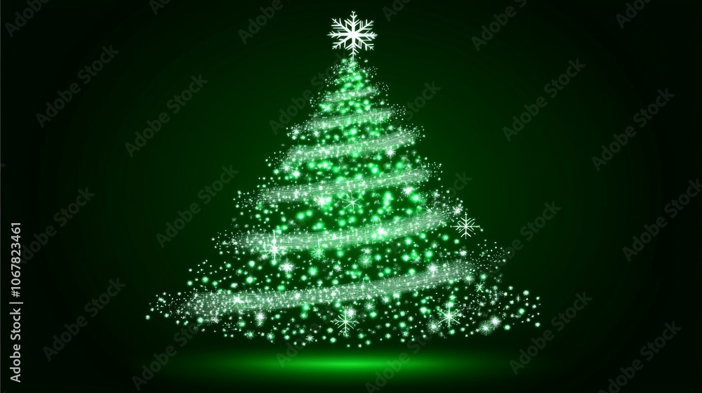 A Green, Sparkling Christmas Tree Silhouette with a Snowflake on Top A Green, Sparkling Christmas Tree Silhouette with a Snowflake on Top