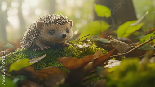 Adorable hedgehog on a bed of moss, surrounded by leaves and twigs, with a curious expression and tiny paws exploring the forest floor