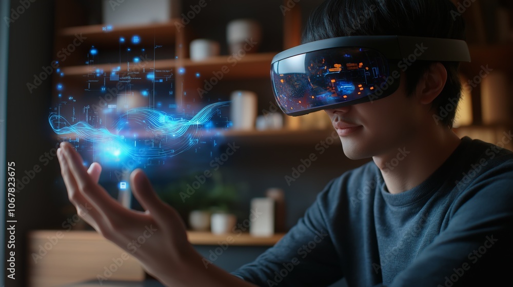 Person futuristic headset office holographic displays data immersive technology. AI generated Person futuristic headset office holographic displays data immersive technology. AI generated