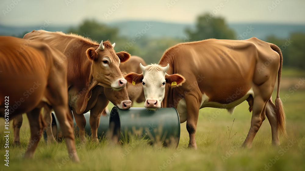 A Playful Scene of Cows Drinking from a Tube, Highlighting the Charming Interactions of Domestic Animals in Nature A Playful Scene of Cows Drinking from a Tube, Highlighting the Charming Interactions of Domestic Animals in Nature