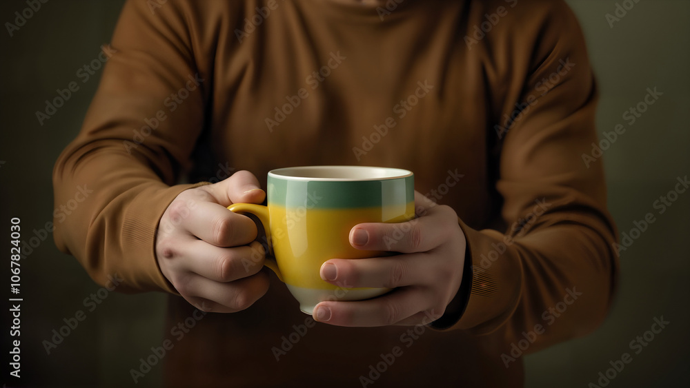 A Cozy Moment Featuring a Man Holding a Colorful Cup, Celebrating the Simple Pleasures of Enjoying a Warm Beverage A Cozy Moment Featuring a Man Holding a Colorful Cup, Celebrating the Simple Pleasures of Enjoying a Warm Beverage