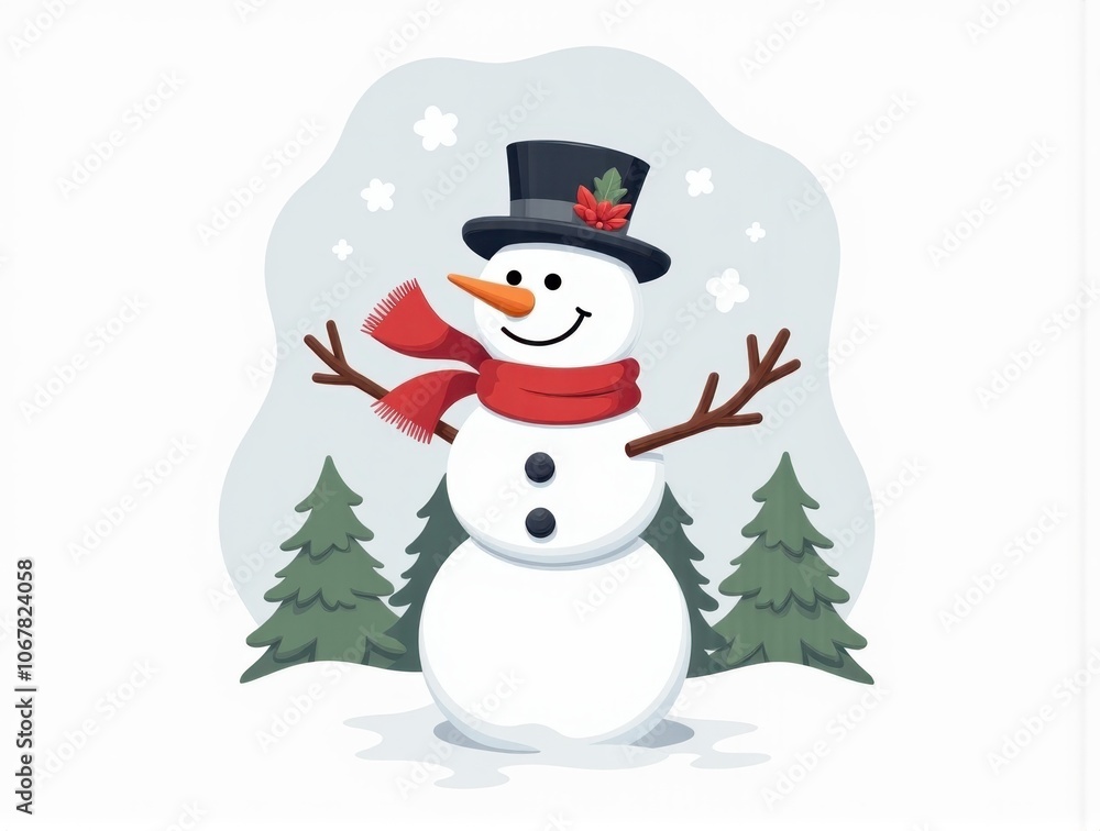 Charming Snowman Winter Illustration: Stylized Design for Seasonal Wear and Holiday Gifts. Minimalist Artwork Featuring Classic Snowman with Scarf and Top Hat in Festive Color Palette. Charming Snowman Winter Illustration: Stylized Design for Seasonal Wear and Holiday Gifts. Minimalist Artwork Featuring Classic Snowman with Scarf and Top Hat in Festive Color Palette.