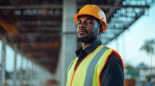 Confident Construction Worker in Safety Gear at Building Site with Steel Framework in Background