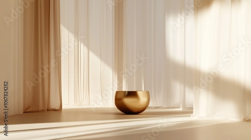 Minimalist interior with layered curtains softly filtering natural light, creating a serene ambiance. AI generated