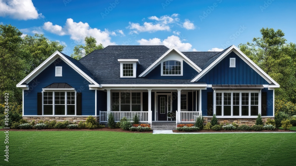 Charming Modern Suburban House with Blue Siding and Spacious Front Lawn Under a Clear Sky Charming Modern Suburban House with Blue Siding and Spacious Front Lawn Under a Clear Sky