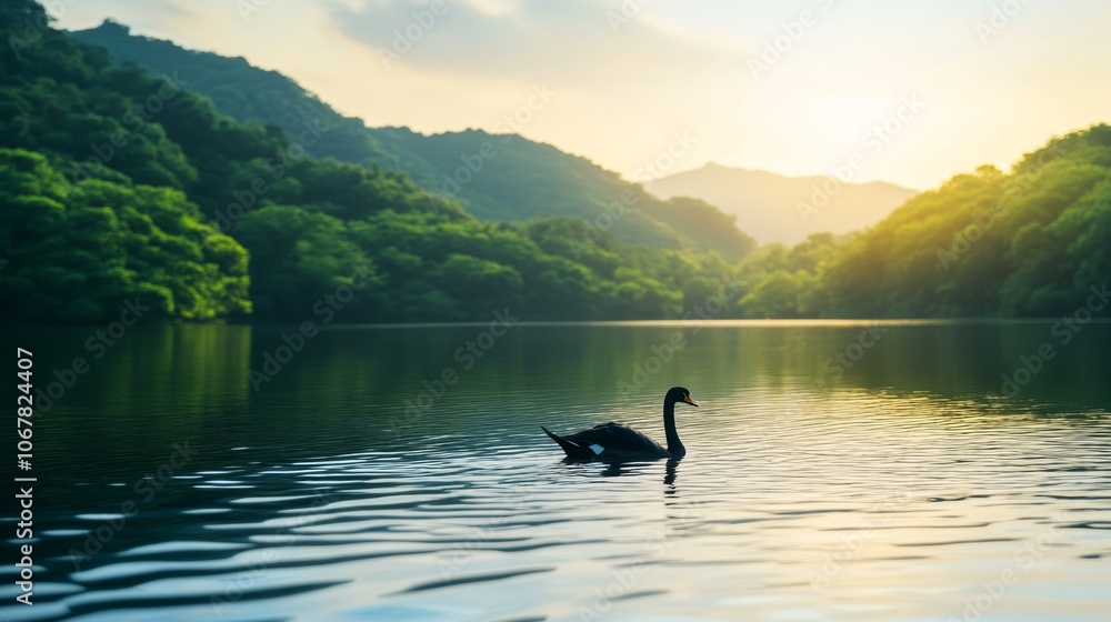 Obraz premium Japanese black swan, serene lake setting, gentle ripples on water
