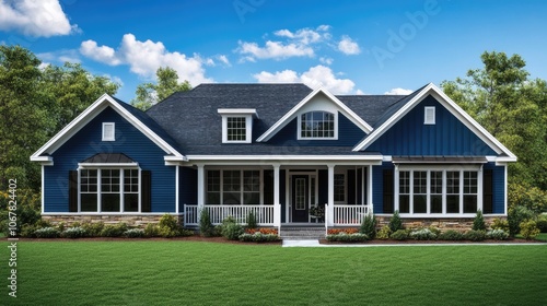 Charming Modern Suburban House with Blue Siding and Spacious Front Lawn Under a Clear Sky