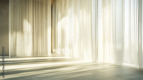 Minimalist interior with layered curtains softly filtering natural light, creating a serene ambiance. AI generated