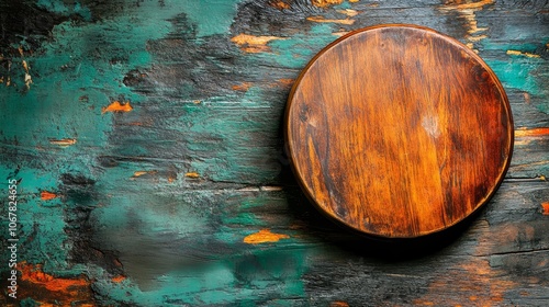 Rustic Wooden Cutting Board on Distressed Green Background photo