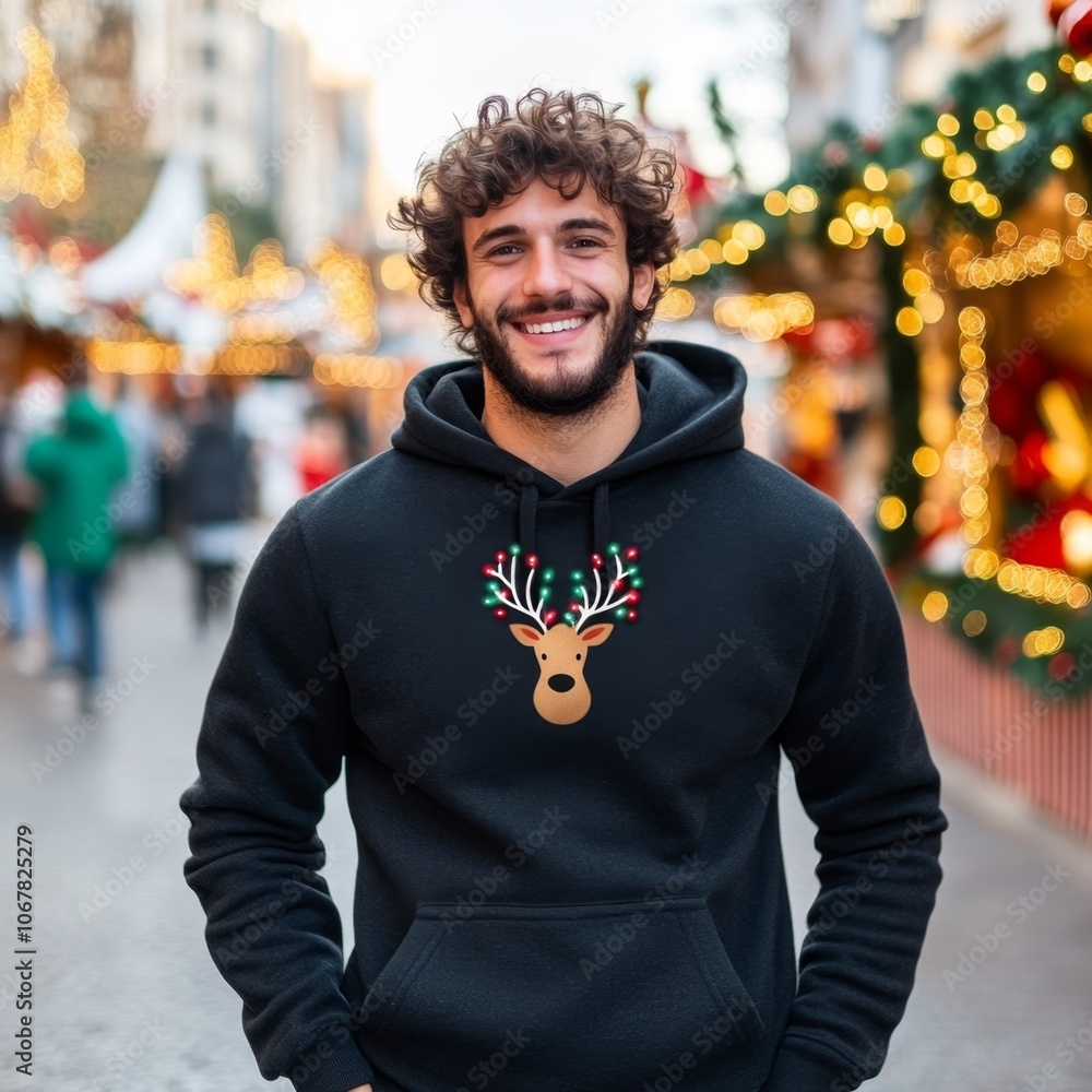 Fototapeta premium a good-looking, 20-year-old white man with a friendly smile, wearing a hoodie that prominently features a 'Large Reindeer with Christmas
