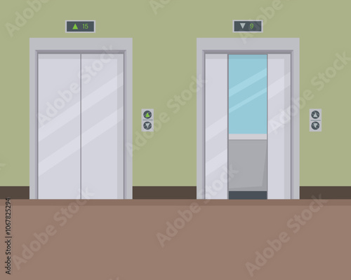 Lift or elevator with closed and open door in building interior