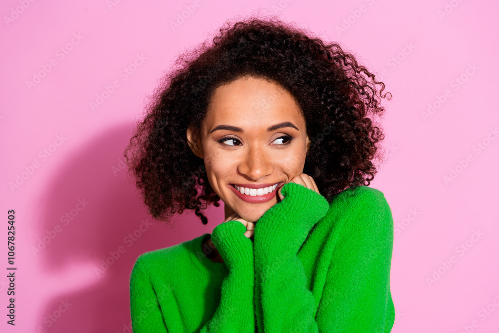 Photo of charming pretty cute woman wear green stylish clothes look empty space isolated on pink color background Photo of charming pretty cute woman wear green stylish clothes look empty space isolated on pink color background