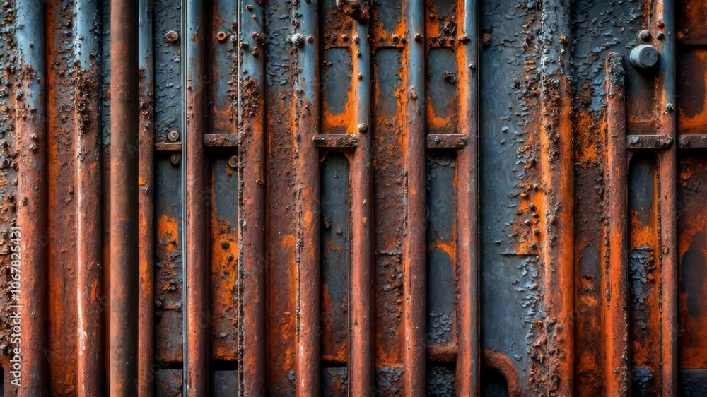 A close up of an aged, weathered metal surface showcasing intricate rust patterns and textures, emphasizing industrial aesthetics