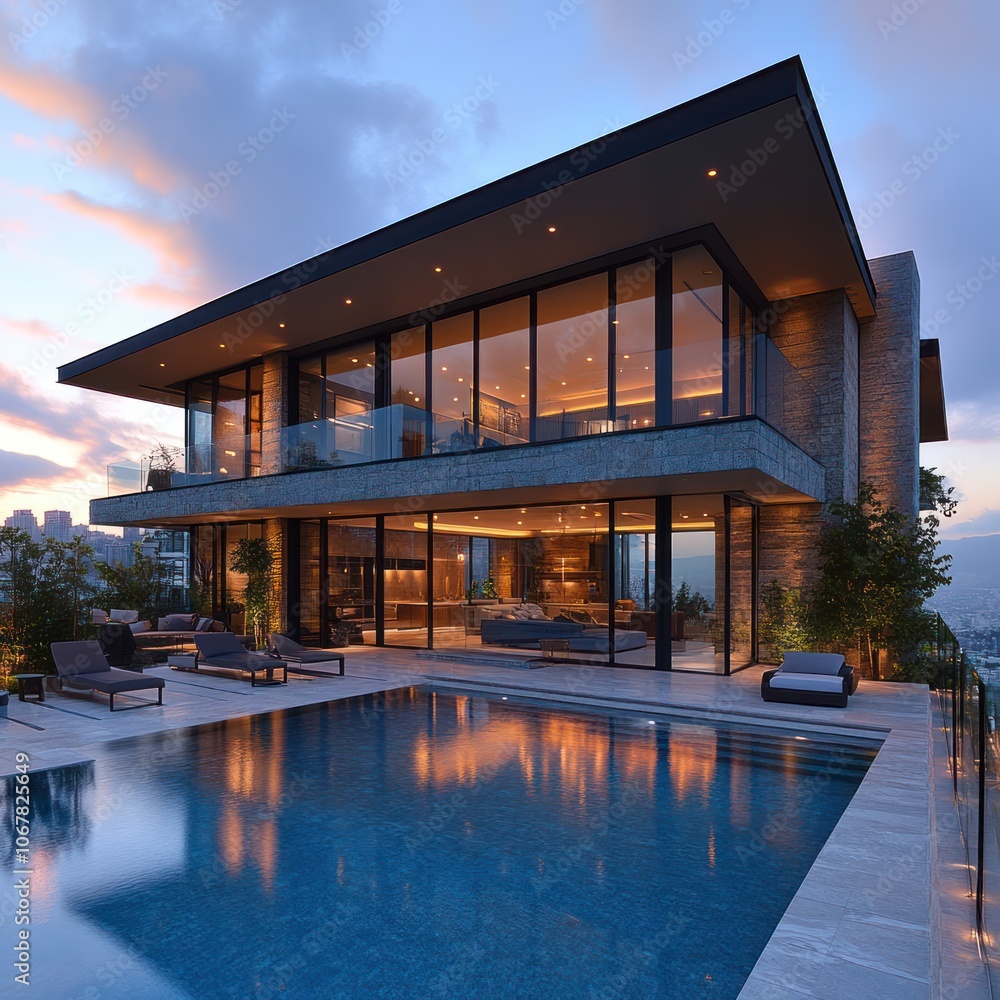 Modern luxury home with swimming pool and stunning sunset views. Modern luxury home with swimming pool and stunning sunset views.
