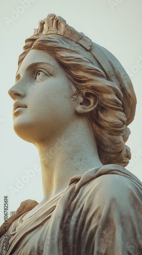 greek godess statue side angle portrait, mooving pose, looking upward photo