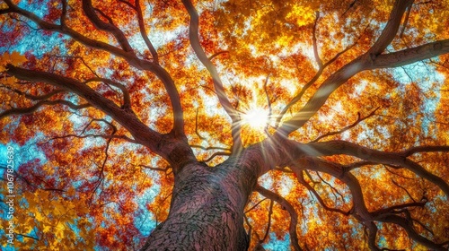 A close-up view of a majestic autumn tree, highlighting its brilliant leaves in stunning detail