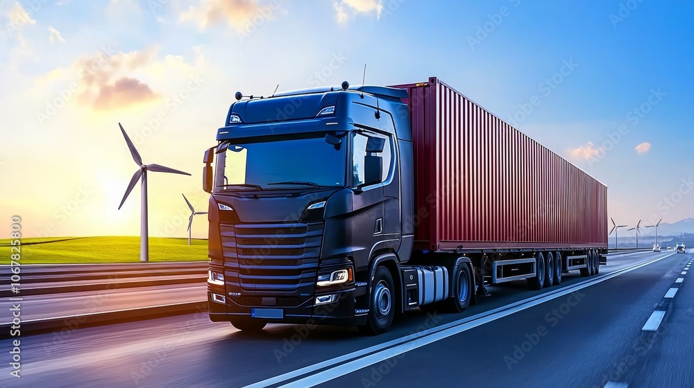 Futuristic Commercial Transport Trucks Utilizing Sustainable Energy on Highway with Clear Sky Background Futuristic Commercial Transport Trucks Utilizing Sustainable Energy on Highway with Clear Sky Background