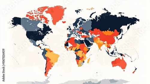 A colorful world map showing various regions marked in different colors, illustrating distinctions in demographics or other geographical data.