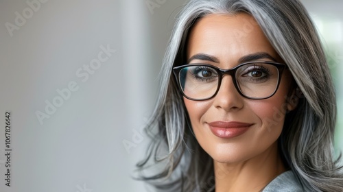 A focused middleaged woman in glasses gazes thoughtfully from her office, showcasing her experience and wisdom.