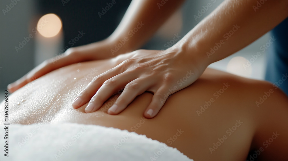Naklejka premium A skilled therapist provides a soothing back massage with hands in a calm setting. A person is getting a relaxing back massage therapy session in a tranquil spa environment