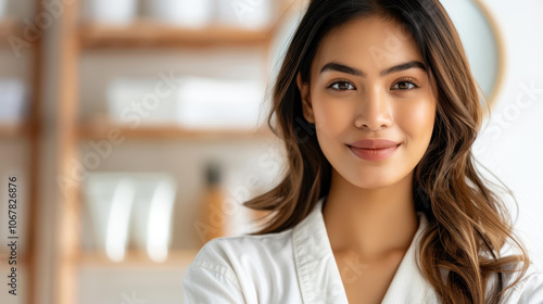 Confident woman stands in her vibrant beauty salon, showcasing her expertise and passion as she looks into the camera.