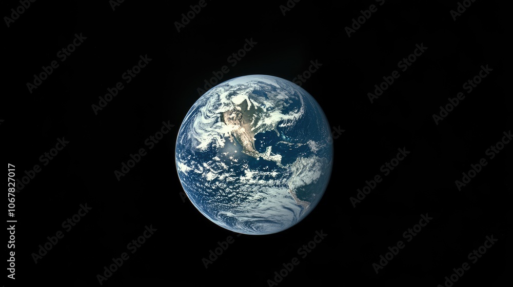 A stunning view of Earth against a black background, continents and blue oceans illuminated, showing the planet's beauty in sharp detail A stunning view of Earth against a black background, continents and blue oceans illuminated, showing the planet's beauty in sharp detail