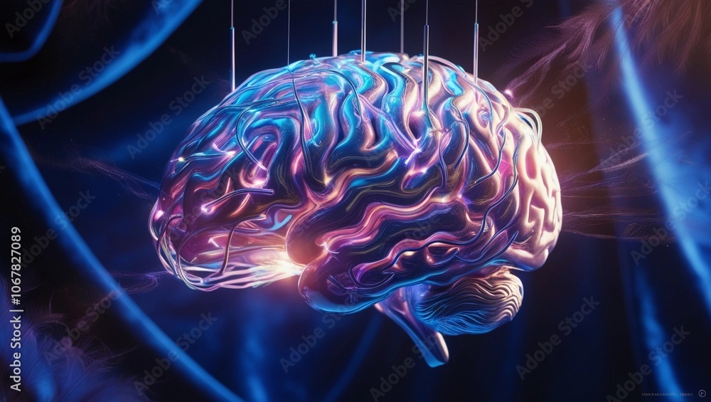 Abstract brain with glowing connections on blue background. Abstract brain with glowing connections on blue background.