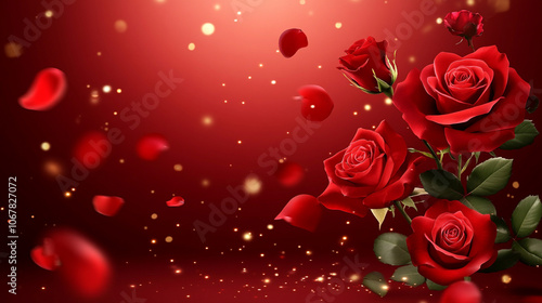  red background adorned with delicate roses and floating rose petals. The scene evokes romance, passion, and elegance, with petals drifting gracefully, creating a sense of movement